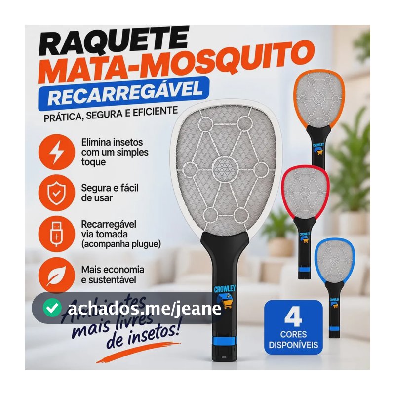 Raquete Elétrica Mata Mosquito Mosca Pernilongo Dengue Insetos Bateria Recarregavel Bivolt - Crowley
