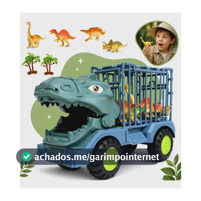 Caminhão Safari Dinossauro com Jaula de Transporte e 4 Dinossauros Carrinho Infantil Roda Livre Sem Pilhas com Coqueiros Brinquedo Menino Menina Verde 27 cm Kizumba