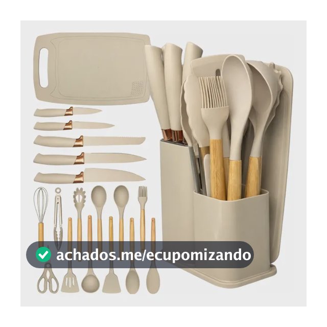 Kit Utensílios Silicone C/ Cabo De Madeira E Facas Em Inox
