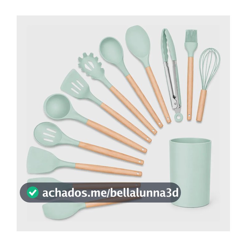 Kit 12 Utensílios Cozinha Silicone Cabo Madeira Chega Hj Sp Cor Verde-claro