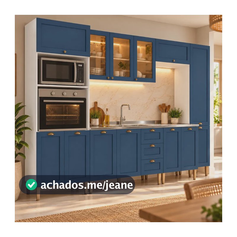Cozinha Completa Modulada com Armário e Balcão 6 Peças 13 Portas 3 Gavetas 305cm Provençal com Vidro Reflecta Cor Branco/Azul - Mademovel