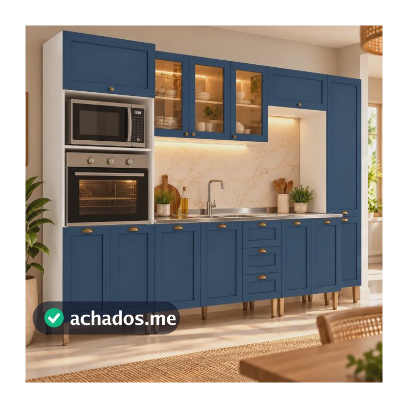 Cozinha Completa Modulada com Armário e Balcão 6 Peças 13 Portas 3 Gavetas 305cm Provençal com Vidro Reflecta Cor Branco/Azul - Mademovel