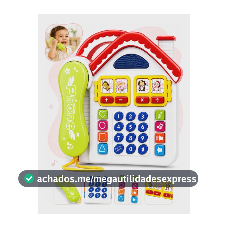 Telefone Infantil de Brinquedo Musical Casinha Divertida com Luz e Som Teclado Numérico Notas Musicais Sons de Animais e Fone Preso por Cordão Brinquedo Educativo Kizumba