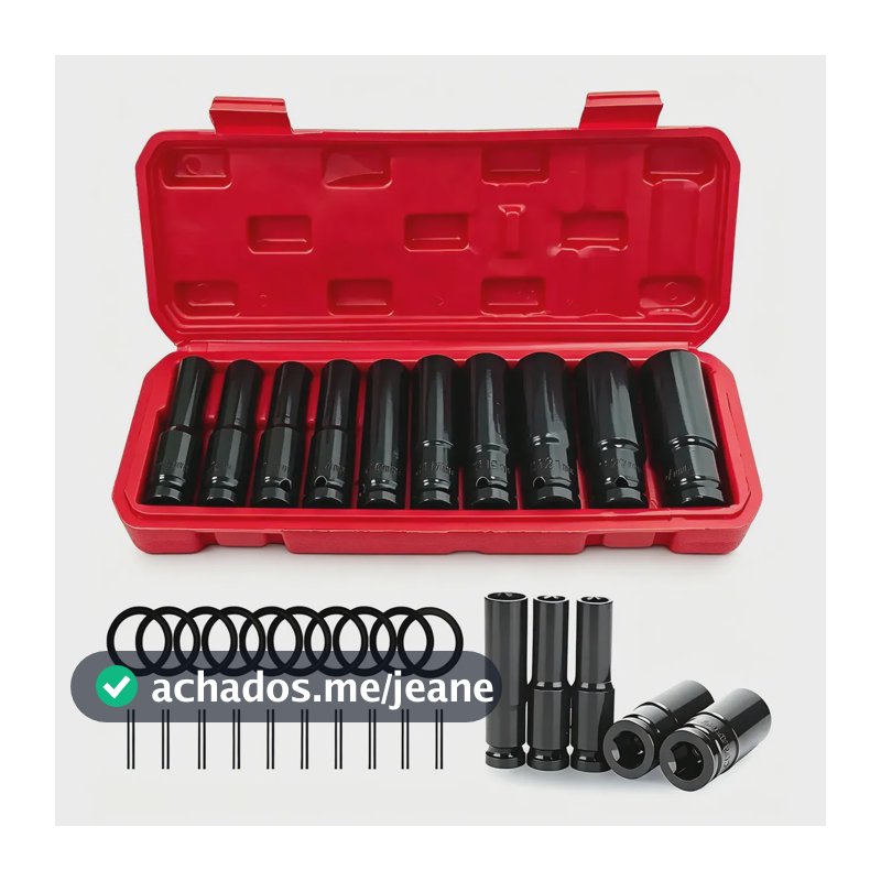 Jogo de Soquetes de Impacto 1/2" Hexagonais Longos Atverce de 10 a 24 mm, 10 Peças com Maleta e Anéis de Fixação