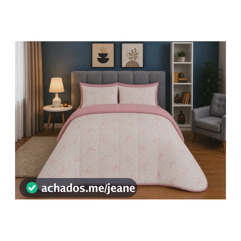 Kit Edredom Casal Estampado 400 Fios 100% Algodão 3 Peças Laço Rosa