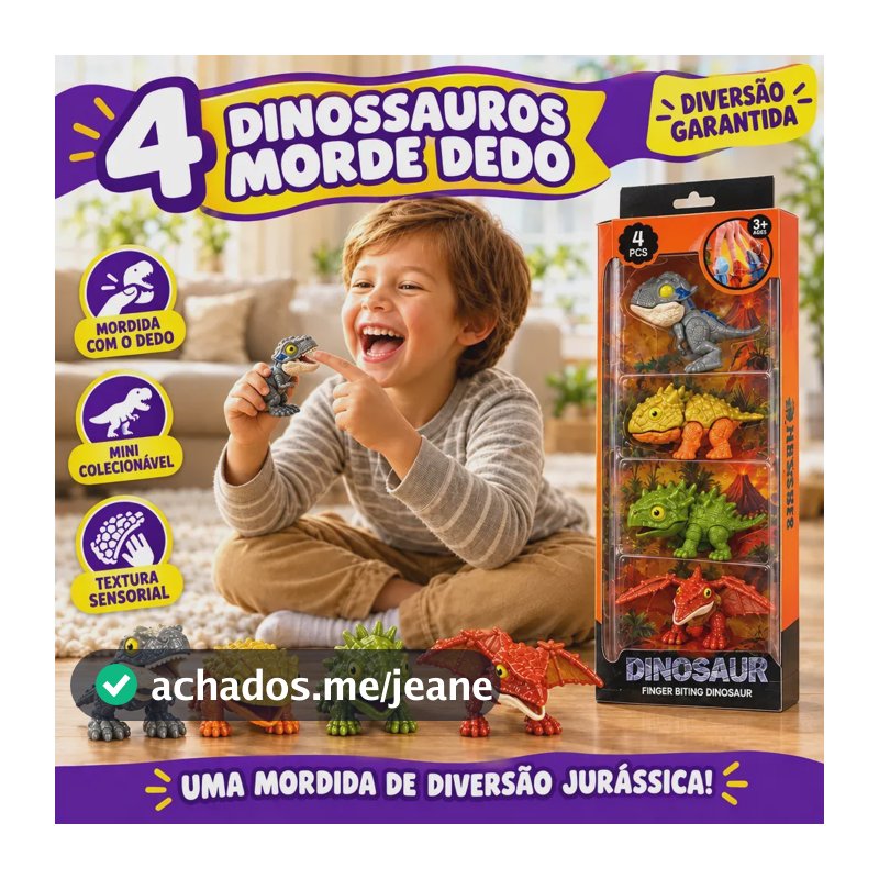Kit 4 Dinossauros Morde Dedo Mini Miniatura Articulado Colecionável Baby Sensorial Brinquedo Educativo Infantil TEA TDAH T-Rex Velociraptor Presente Criança Menino Menina Jurássico Louis Riel Acustico