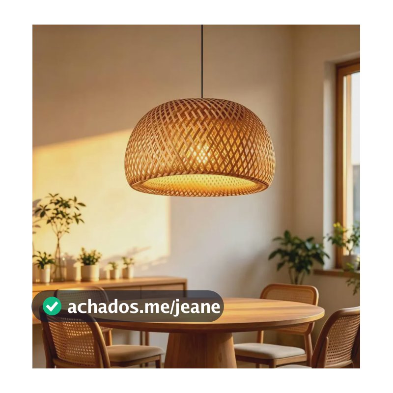 Luminária Teto Lustre Pendente Palha Madeira Vime Sala 38cm 127/220v Amarelo