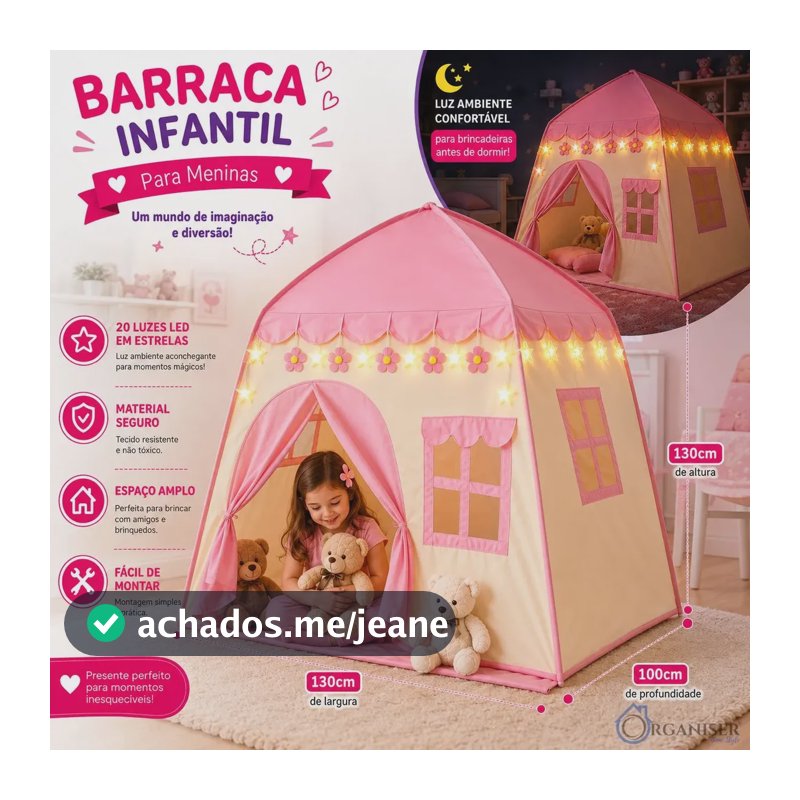 Barraca Infantil Tenda Cabana Menina Casinha Iluminada Leds Rosa
