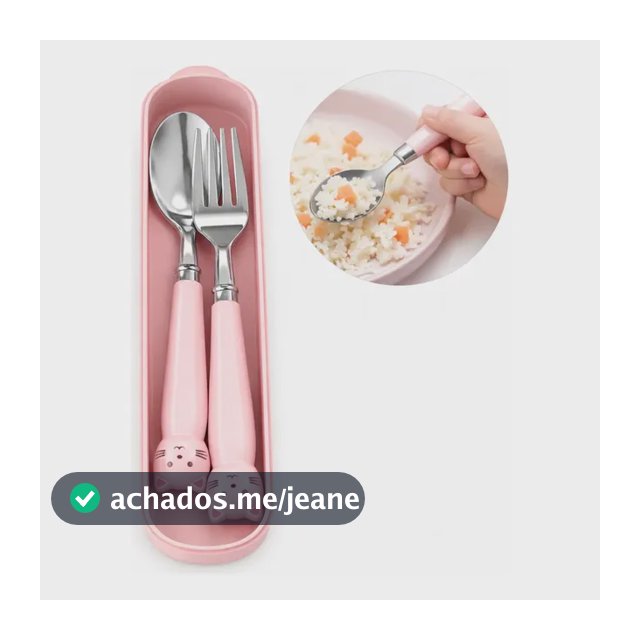 Kit Talher Infantil Garfo E Colher Aço Inox Com Estojo Rosa Ursinho