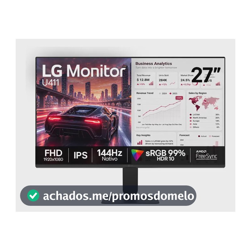 Monitor LG FHD Gamer & Office tela IPS 27”, 1ms (MBR), 144Hz Nativo, FreeSync, HDR10, sRGB, Modo leitura, Flicker Safe, HDMI, Black Stabilizer, Dynamic Action Sync, Preto - 27U411B