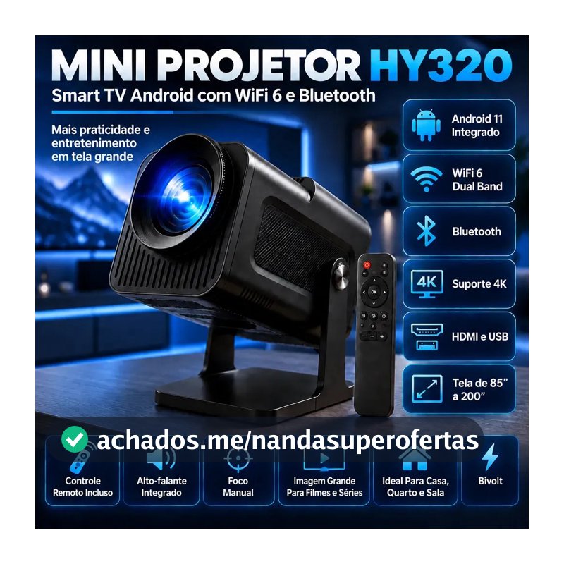 Projetor HY320 Mini Portátil Hardline Smart TV Android WiFi 6 390 ANSI Lumens Full HD Suporte K HMI Bluetooth 85-200 Polegadas Alto Falante Com Controle Remoto Bivolt