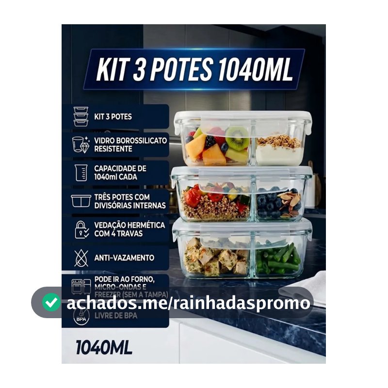 Kit 3 Potes de Vidro 1040ml com Divisória e Tampa Hermética Borossilicato Pítia
