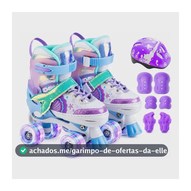 Patins Infantil 4 Rodas Ajustável Quad Menina Com Kit E Led M Kit Sereia Roxo