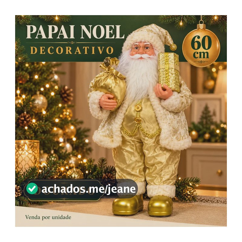 Papai Noel Decorativo 60cm Dourado Enfeite Decoração de Natal Árvore de Natal Tecido Pelúcia Luxo Grande LuvinCo