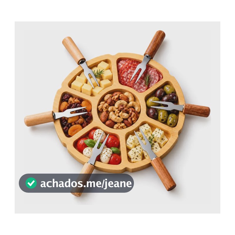 Kit Petisqueira Bambu 7 Divisórias 6 Garfos Frios Queijos Kit