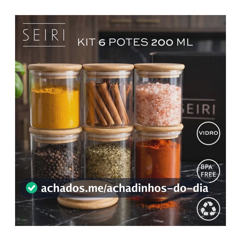 Kit 6 Potes Porta Temperos Vidro Borossilicato Hermético Tampa Bambu Organizador Cozinha 200 ml Seiri