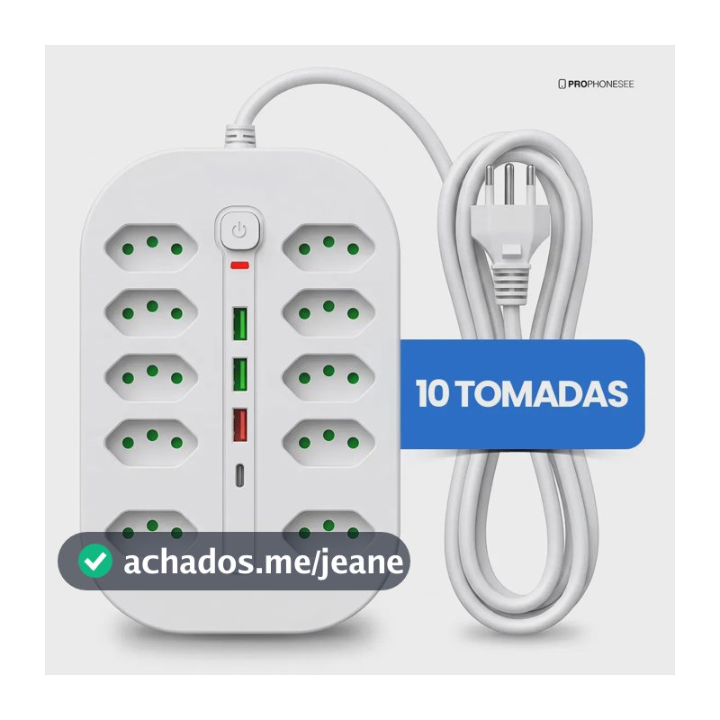 Extensão Elétrica 10 Tomadas 3 USB 1 USB-C Pd Filtro de Linha com Proteção de Sobrecarga Tomada Multipla Tripolar Cabo 2 metros Régua Energia Com Interruptor De Segurança Protetor De Surto Bivolt