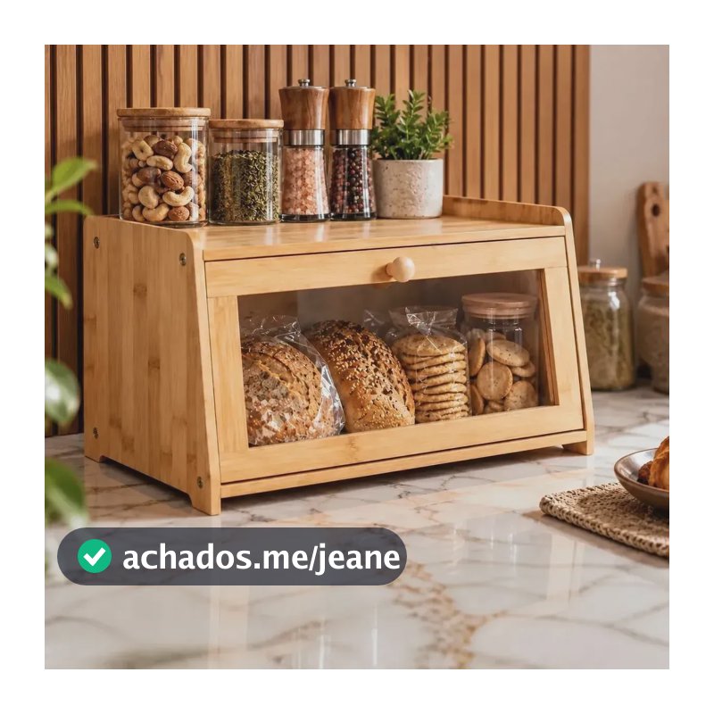 Porta Pão De Bambu Natural Com Tampa Transparente Caixa Organizadora De Cozinha Bancada Para Armazenar Pães Bolos Bisnagas Torradas Café Da Manhã Mesa Posta Multiuso Premium