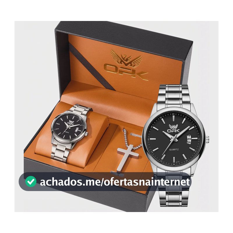 Opk Original Conjunto De Relógio E Colares Masculino 6010 Prateado Preto