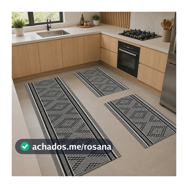 Kit Tapetes Passadeira 3 Peças Málaga Tear Jogo Para Cozinha 1.4 M 50 Cm Preto