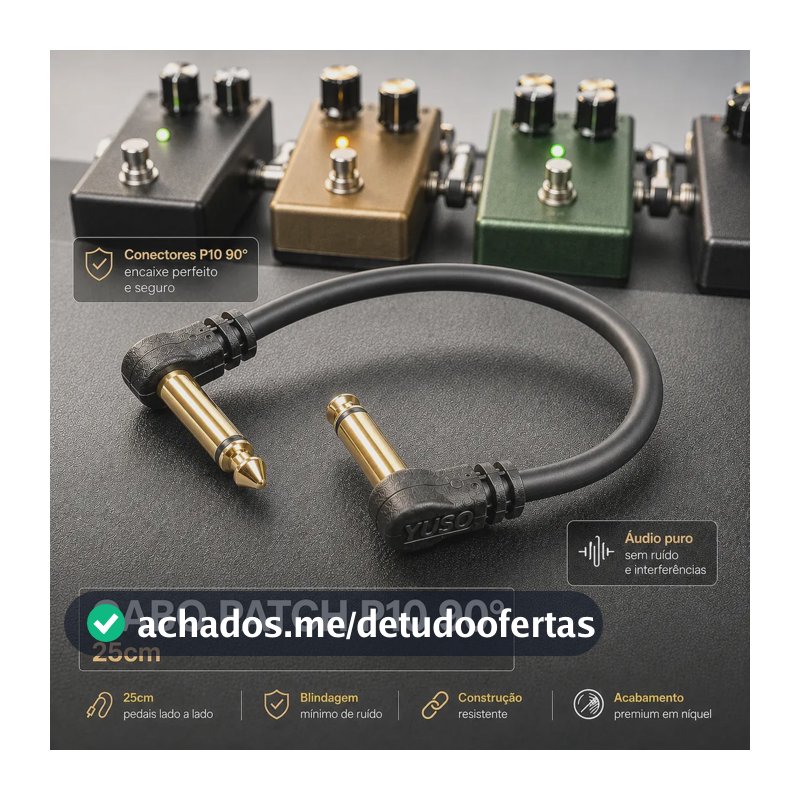 Cabo P10 Pedal 25cm Para Pedaleira Guitarra Baixo Violão Teclado Ângulo Reto Flat Conector Blindado Encaixe Firme Sem Ruído Sinal Limpo Pedais Lado a Lado Pedalboard Dourado Profissional Patch - Yuso