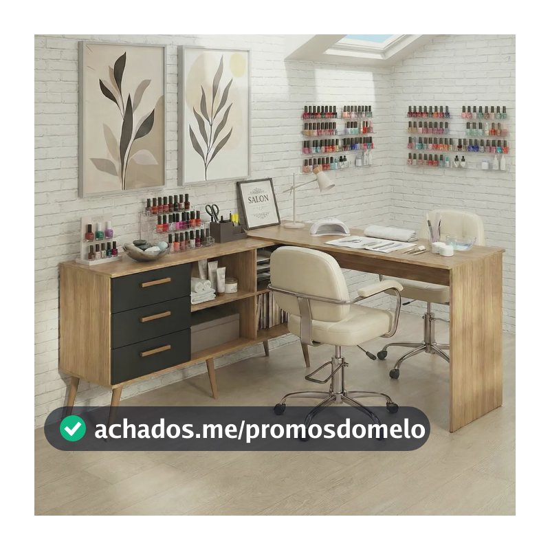 Mesa de Manicure Profissional de Canto em L com 3 Gavetas Jady Multimóveis MP6042 Madeirado/Preto