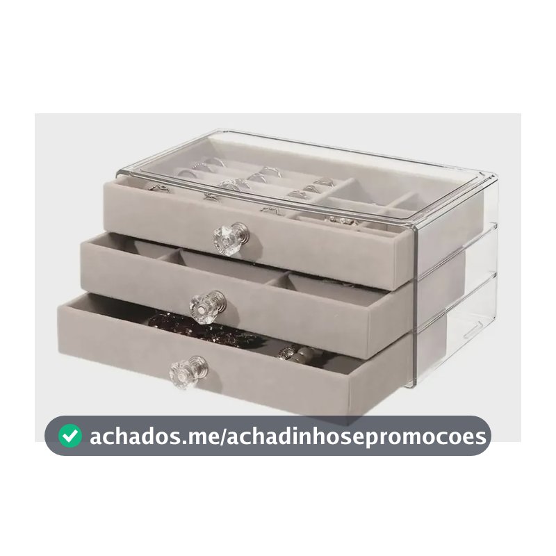 Porta Joias Veludo Com Acrílico 3 Camadas Gavetas Divisória Cinza