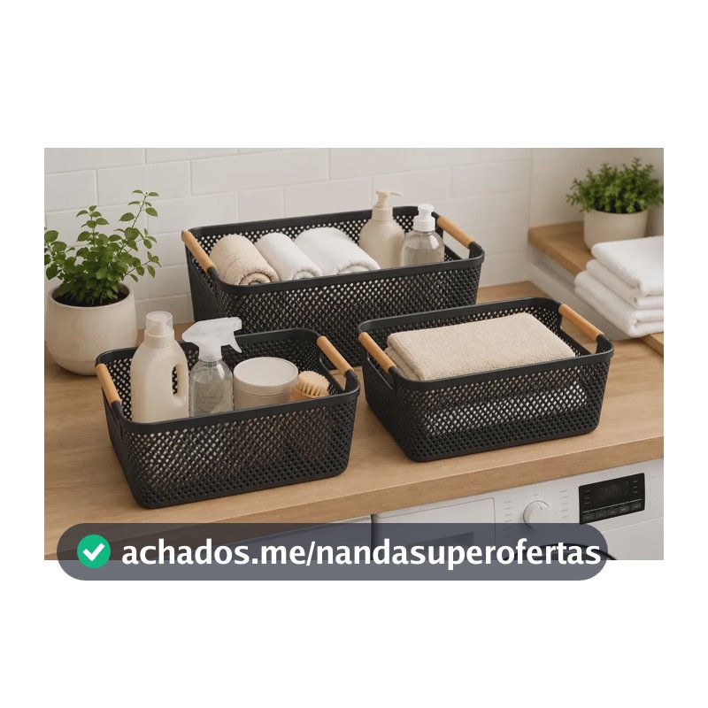 Kit 3 Cesto Organizador Multiuso Alça Madeira 27cm Preto