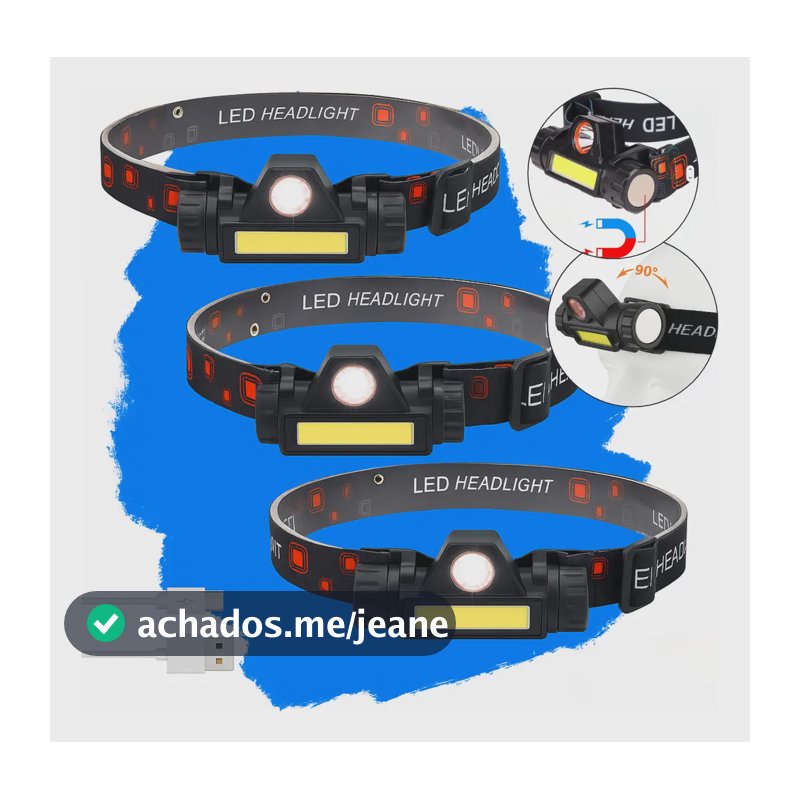 Kit 3 Lanternas de Cabeça Recarregáveis USB, Foco Ajustável e Ímã