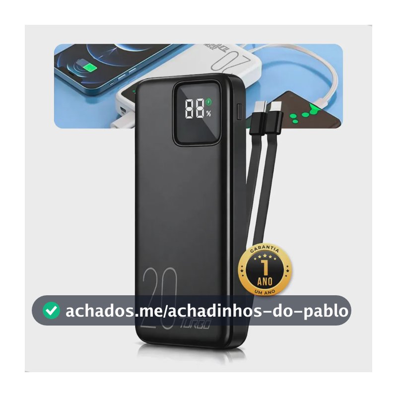 Carregador Portátil Power Bank 20.000mah Turbo Celular Carga Rápida 22.5w Premium Display Visor Grande Universal Usb-c Viagens Festa Para los E Android iPhone Samsung Motorola Xiaomi Preto Nixzen