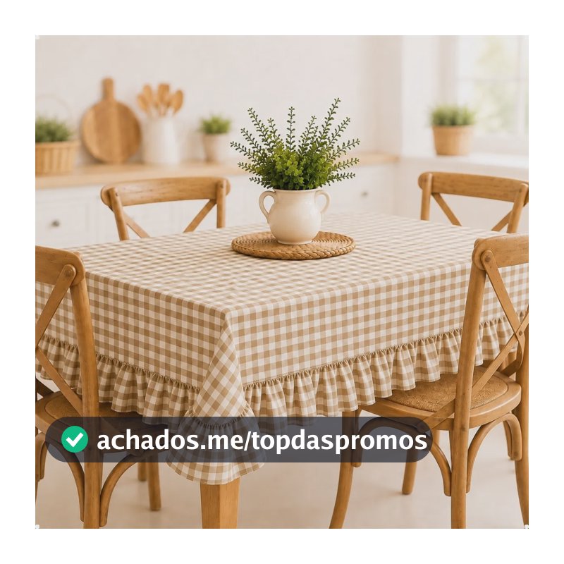 Toalha De Mesa Xadrez Com Babado Oxford Estilo Farm House Bege - 200 X 140