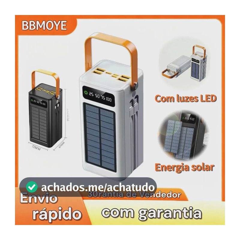Power Bank Solar 50.000 mAh Carregador Portátil Turbo com Display LED e Lanterna para Viagem e Emergência BBMOYE