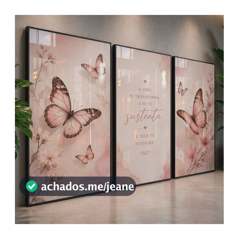 Quadro Para Quarto Borboletas Rosa Floral Moderno 122x60 Borda Carvalho