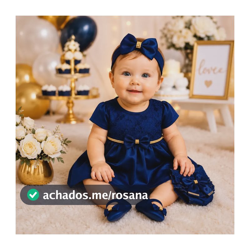 Kit Vestido Bebê 4 Peças Look Completo Festa 0 Á 6 Meses Azul-marinho Liso 3 Á 6