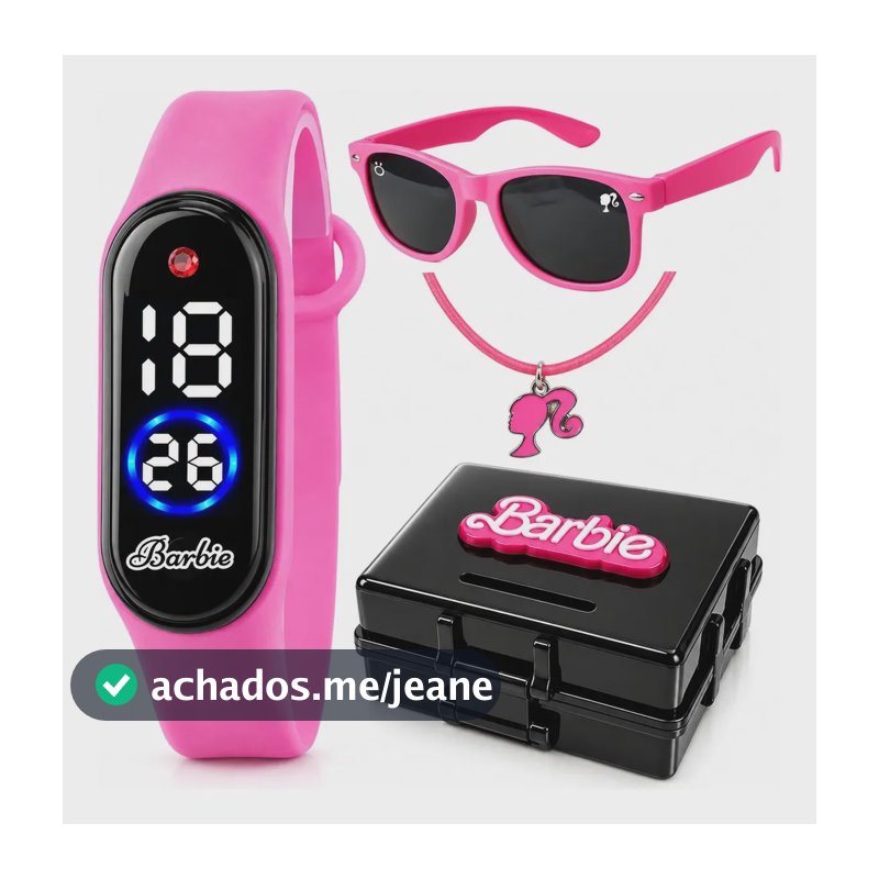 Relogio Infantil Led Barbie + Oculos Sol + Colar + Caixa Rosa