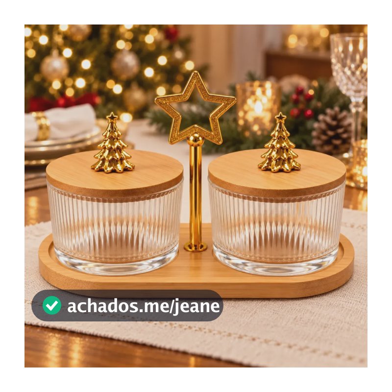 Conjunto 2 Potes Vidro Natal Tampas E Bandeja Bambu Cromus