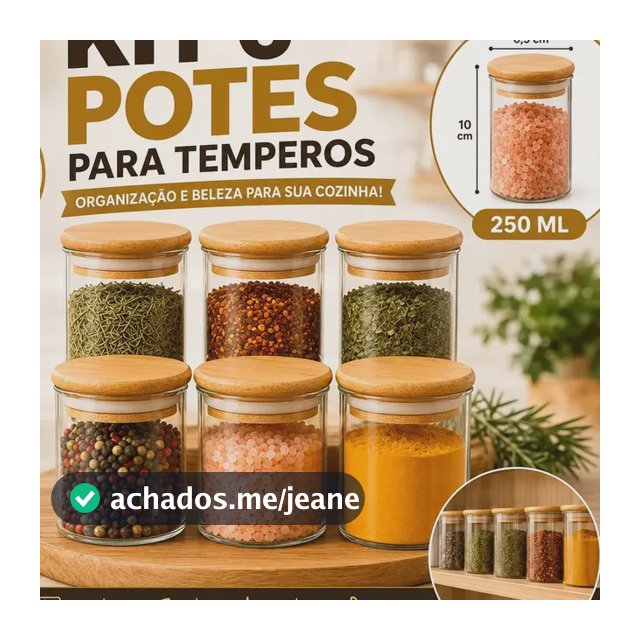 Kit 6 Potes De Vidro Hermético 250ml Tampa Bambu Porta Mantimentos Organizador Cozinha Vedação Silicone Temperos Marrom-escuro