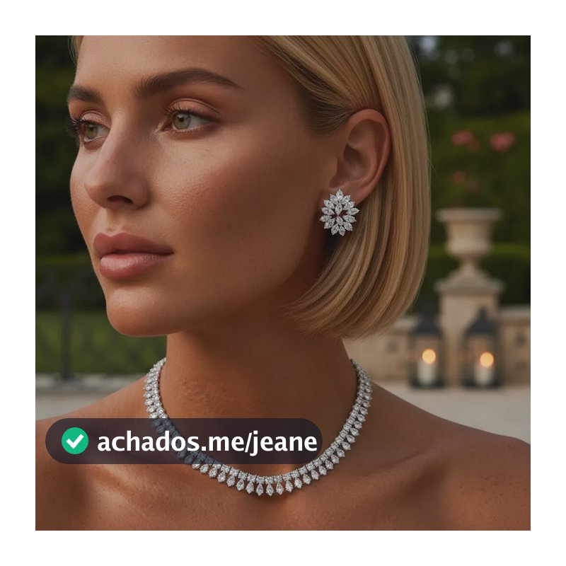 Conjunto Colar Brinco Navete Prata Festa Cravejado Zircônias Prateado