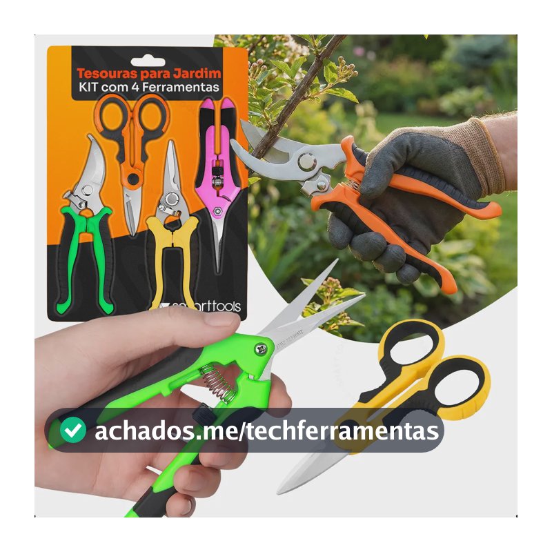 Kit 4 Tesouras Alicate De Jardinagem Aço Inox Poda De Galhos Flores Frutas Horta Bonsai Suculentas 4 Em 1 Trava De Segurança Cabos Ergonômicos - Marca: Smart Tools