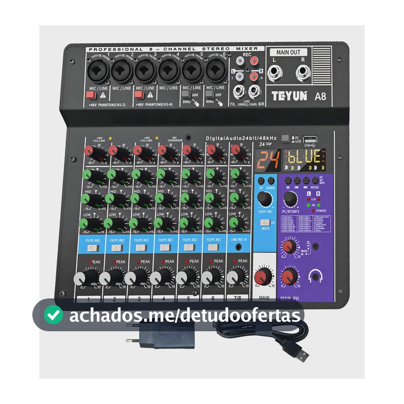 Mesa de Som Digital Teyun A8 8 Canais Bluetooth USB 24 Efeitos DSP