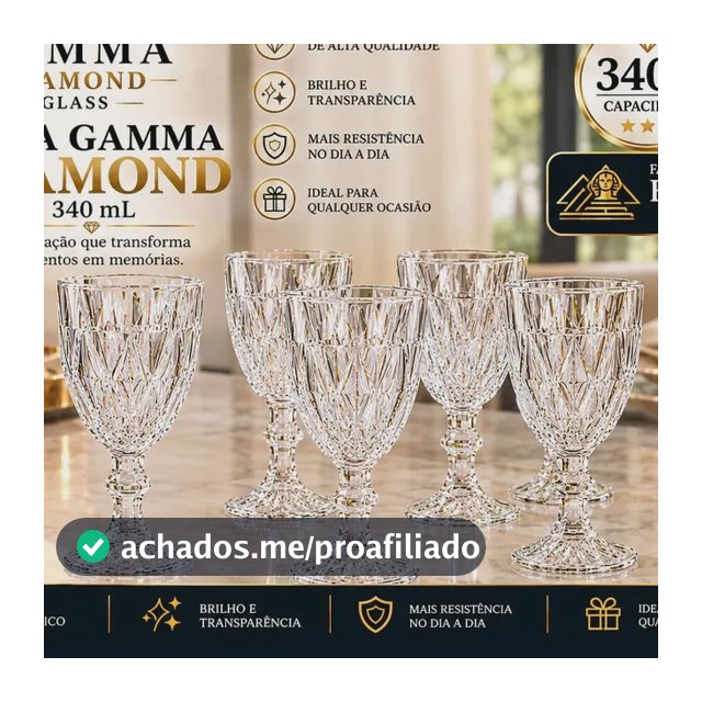 Jogo 6 Taças Vidro 340ml Diamond Luxo Moderno Agua Vinho Transparente