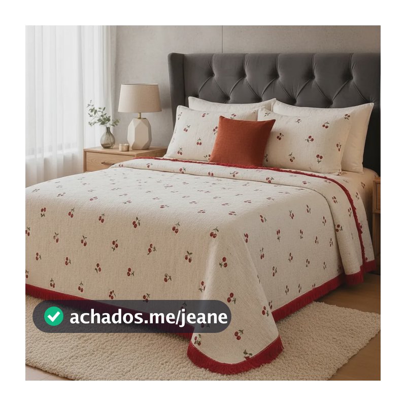 Colcha Casal Piquet 3 Peças Cerejinha Franja Vermelha Luxo Branco