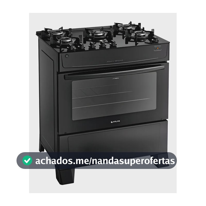 Fogão Atlas 5 Bocas preto Mônaco Top Glass com Acendimento automático