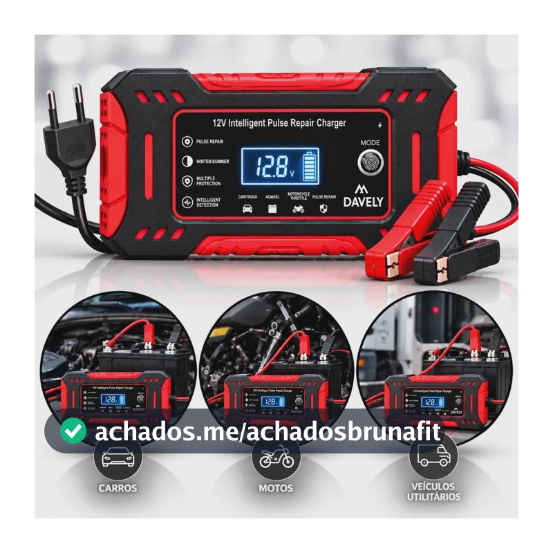 Carregador de Bateria 12V 6A Bivolt Inteligente Carro Moto Caminhão Automotivo 4Ah a 100Ah Com Função Reparo Display Digital Proteção Carga Emergencia Portátil Resistente Eficiente Multifuncional