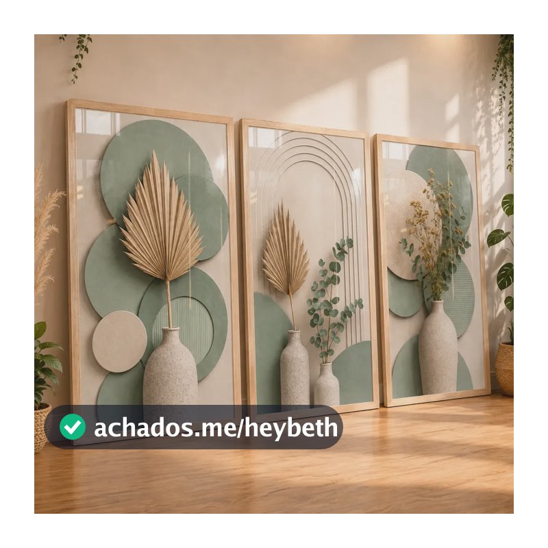 Quadros Decorativos Sala Folha Verde Bege Neutro Boho 122x60 Carvalho