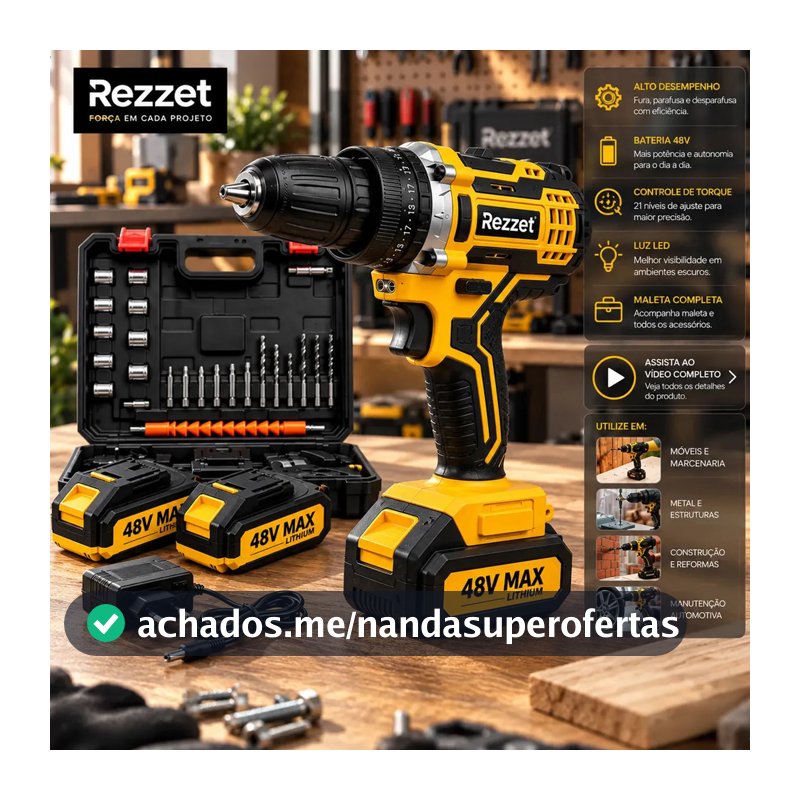 Parafusadeira 48 volts Furadeira de Precisão C/ 2 Baterias multifuncional Maleta Kit Completo Led Eixo Flexível Vários Níveis Torque para parafusos telhados manutenção pc - Rezzet