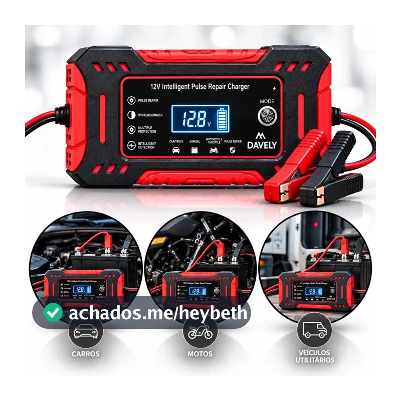 Carregador de Bateria 12V 6A Bivolt Inteligente Carro Moto Caminhão Automotivo 4Ah a 100Ah com Função Reparo Display Digital Proteção