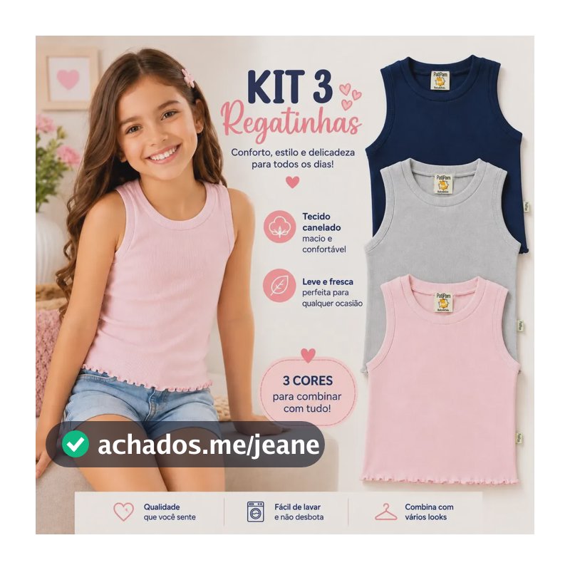 Kit 3 Blusas Regata Infantil Juvenil Menina Canelada Marinho Rose Cinza Lisa 6