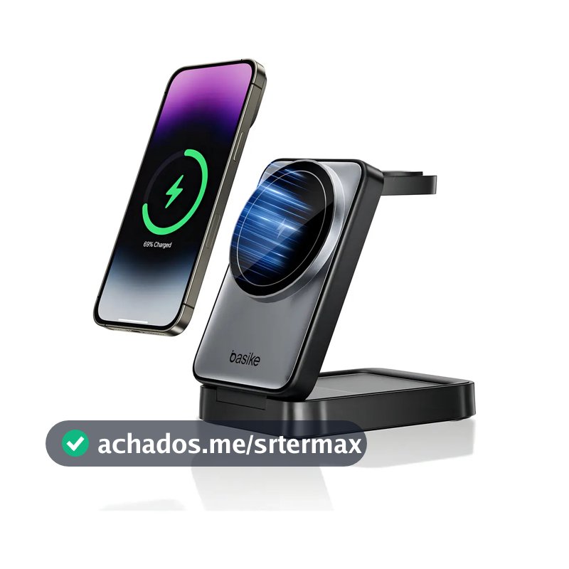 Carregador Indução Sem Fio 3em1 Basike Magsafe iPhone 17 16 15 14 Apple Watch AirPods Dobrável
