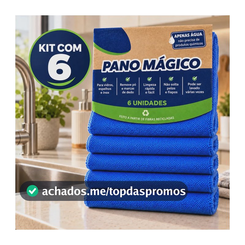 Kit 6 Panos Mágicos Sólar Azul Limpa Vidros Espelhos Inox Janelas Box Cozinha Banheiro Pano Multiuso Limpeza Geral Casa e Carro
